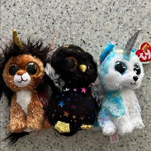 Ty Beanie Boos Trio - Brown Lion, Black Owl, Blue Unicorn dog